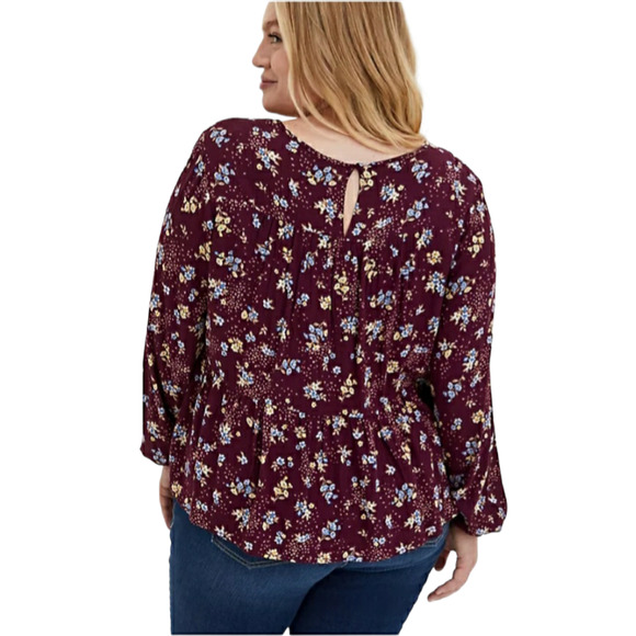 NEW TORRID Blouse Top 2X‎ Tiered Floral Boho Peasant Flowy Cottagecore Burgundy - Picture 7 of 11